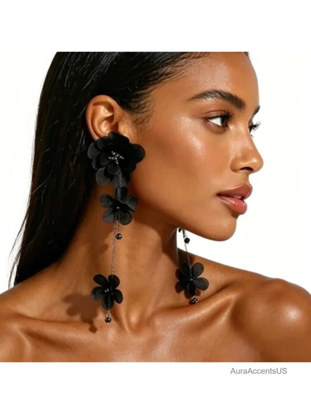 Layered Tulle Flower Dangle Earrings with Gold Chain Bridal Party